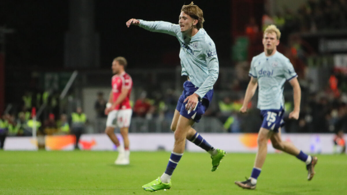Isaac Price of West Bromwich Albion celebrates scoring their first goal during the EFL Sky Bet Championship match between Wrexham FC and West Bromwich Albion at the Racecourse Ground, Wrexham, UK on 13 October 2026.