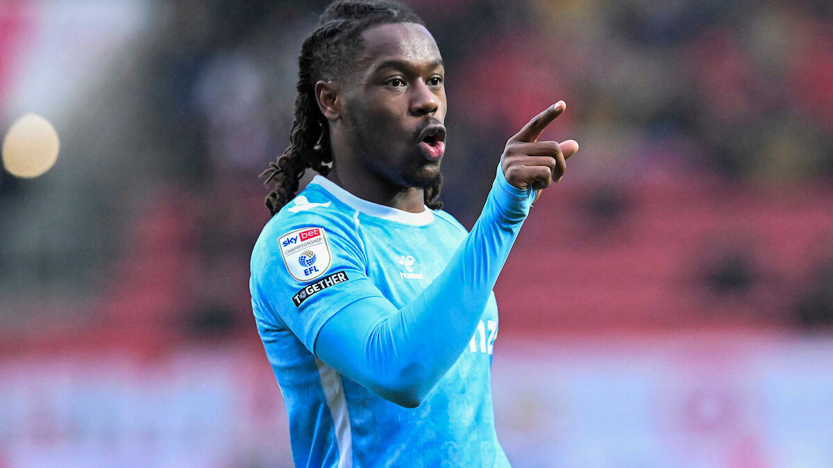 Brandon Thomas-Asante (23) of Coventry City gestures during the EFL Sky Bet Championship match between Bristol City and Coventry City at Ashton Gate, Bristol, UK on 7 March 2026.